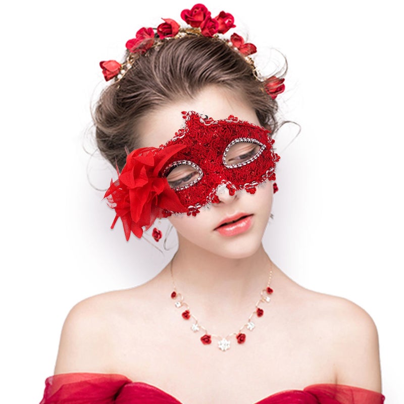 Cosmer Masquerade Mask for Women Venetian Masks Christmas Women Flower Half-face Masks Eye mask Cosplay Lace mask (Red) - Image 1